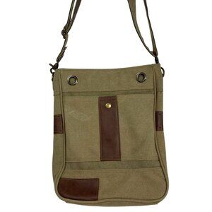 Heavy Khaki Canvas Faux Leather Trim Messenger Satchel Crossbody Bag Pockets EUC